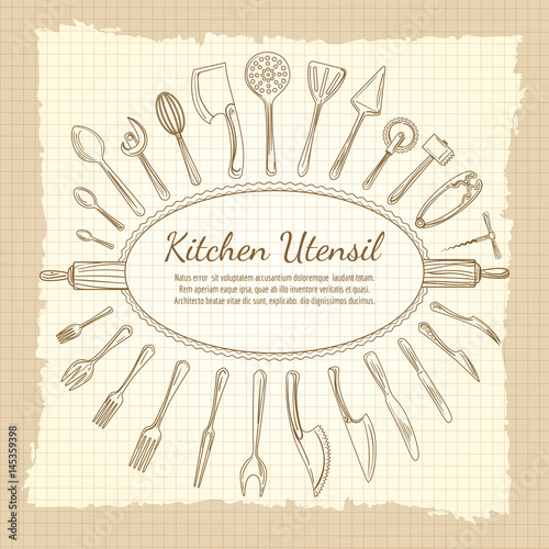 Kitchen vintage background with hand drawn utensil or crockery and decorative frame. Vector illustration