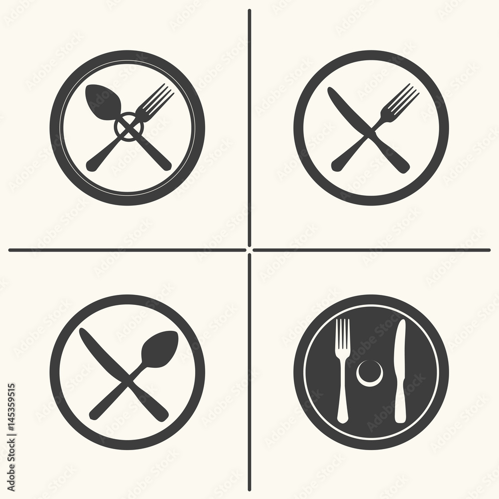 Plate, fork, knife and spoon icons. Vector cutlery flat icon set Stock ...