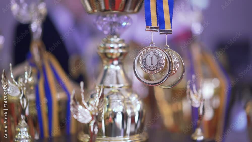 Close up of golden trophies on competition in 4K Close up of golden trophies on competition in 4K