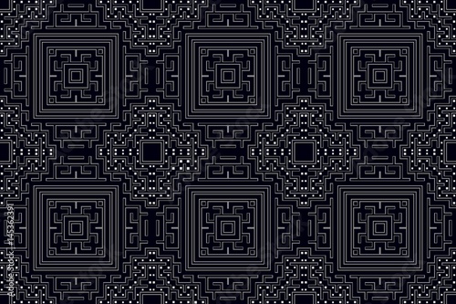 Abstract maze square symmetrical geometric pattern of thin white lines on a black background