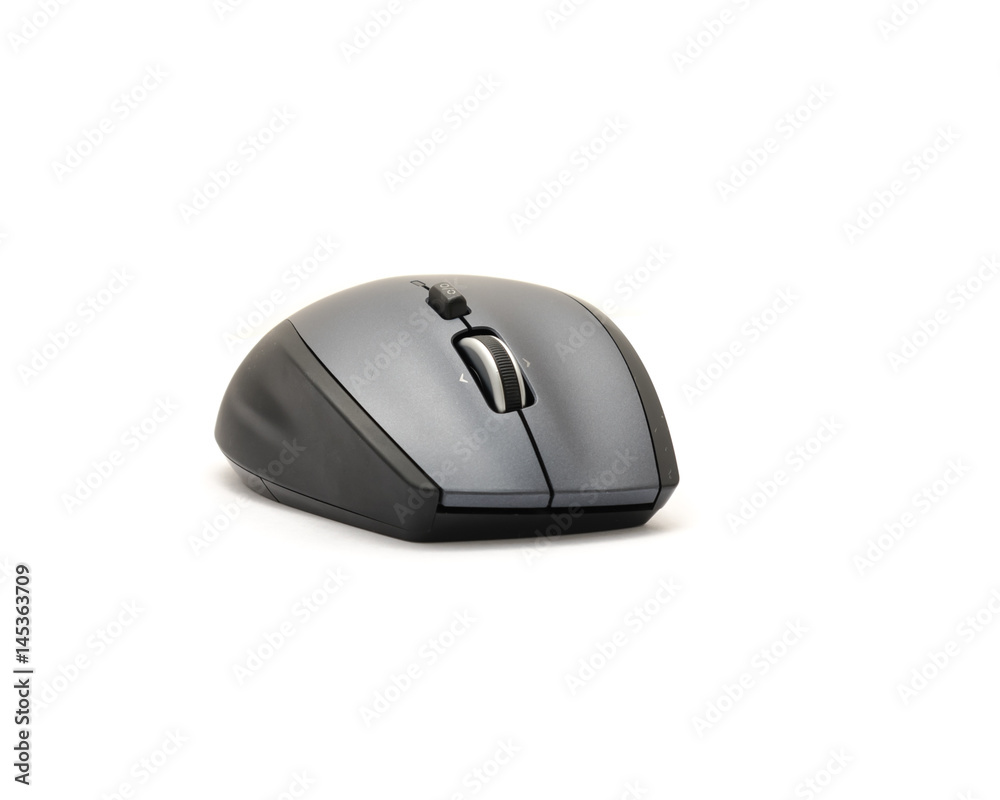 Studio shot black and grey sculpt ergonomic wireless mouse isolated on white. Modern computer mice with soft rubber grip, back-forward and side to side scrolling button in contoured shape. Top view Studio shot black and grey sculpt ergonomic wireless mouse isolated on white. Modern computer mice with soft rubber grip, back-forward and side to side scrolling button in contoured shape. Top view