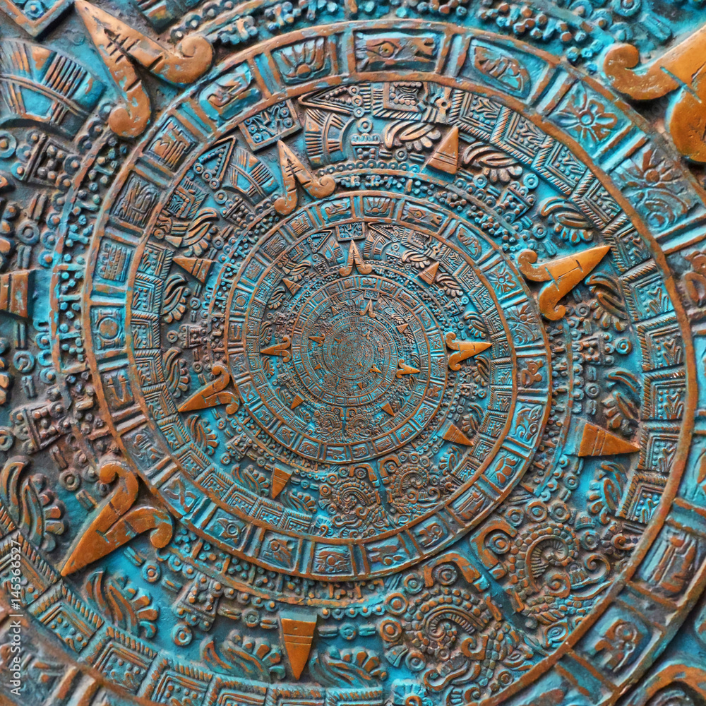 Bronze ancient antique classical spiral aztec ornament pattern decoration design background. Abstract texture fractal spiral background. Mexican aztec calendar. Droste effect abstract fractal