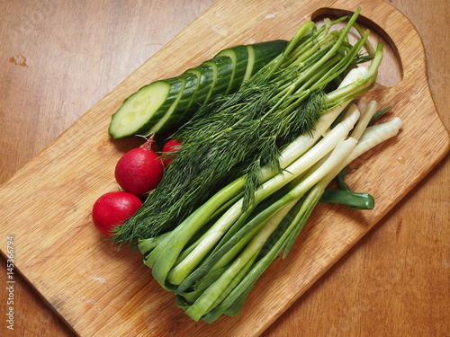 Onions, radishes and dill on a cutting board