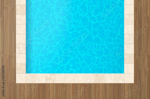 swimming pool wooden floor with blue water  top view