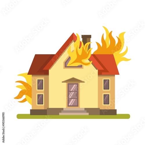 Blazing double decker house burning with fire on white background