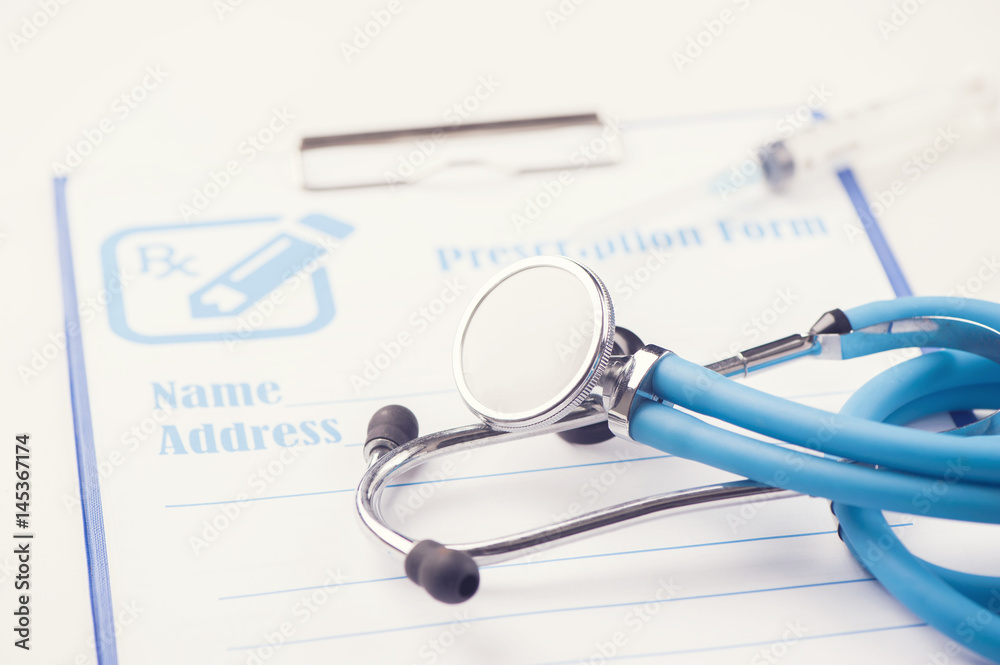 RX prescription form and stethoscope RX prescription form and stethoscope