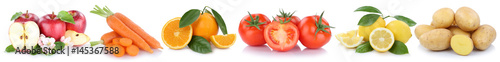Obst und Gemüse Früchte Äpfel, Orangen Zitronen Karotten Tomaten Essen Freisteller in einer Reihe