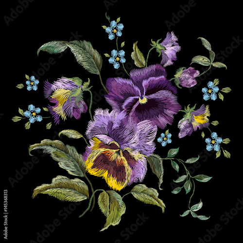 Embroidery colorful trend floral pattern with pansies and forget me not flowers. Vector traditional folk heartsease bouquet on black background for clothing design.