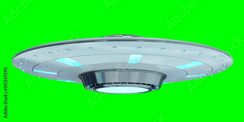 Fototapeta Naklejka Na Ścianę i Meble -  Vintage UFO isolated on green background 3D rendering