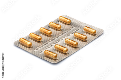 Photo of medical pills on white background.