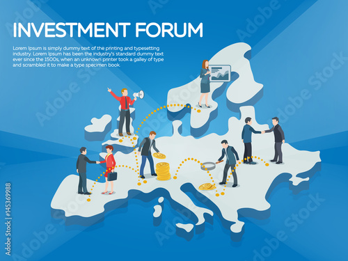 Business startup work moments flat banner. People on the europe map 3d. New ideas, search for investor, increased profits. Business situation. Businessman and businesswoman enter into a contract