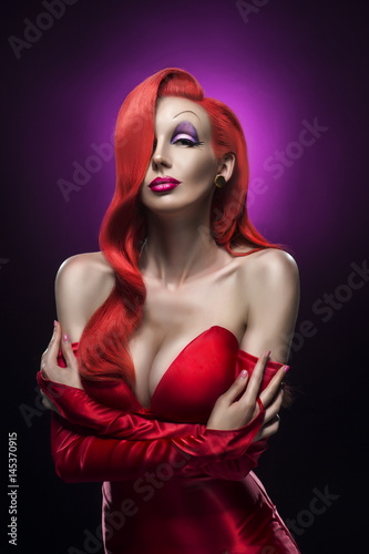 red hair girl in a red dress cosplay the comics sexy actress