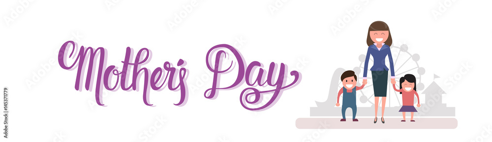 Happy Mother Day, Woman With Children, Spring Holiday Greeting Card Banner Flat Vector Illustration Happy Mother Day, Woman With Children, Spring Holiday Greeting Card Banner Flat Vector Illustration