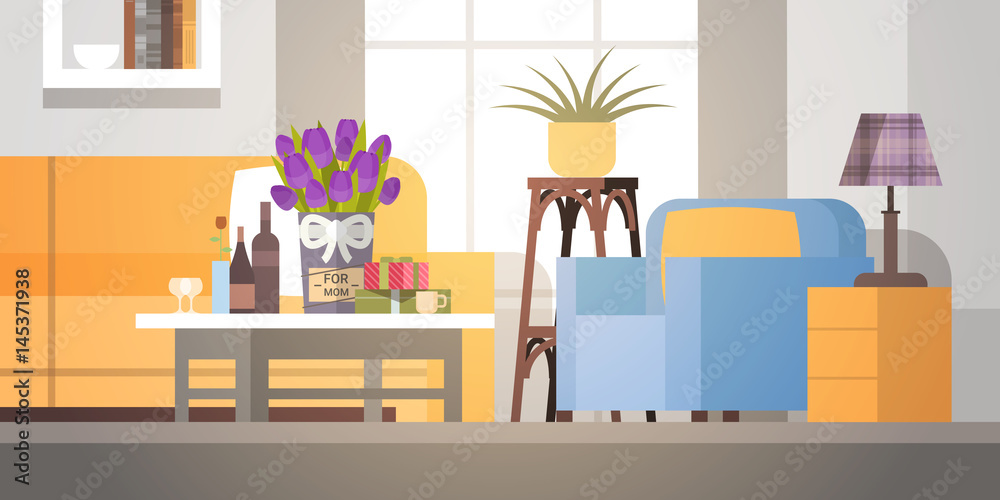Decorated Living Room Interior, Flowers For Mom, Happy Mother Day Spring Holiday Flat Vector Illustration