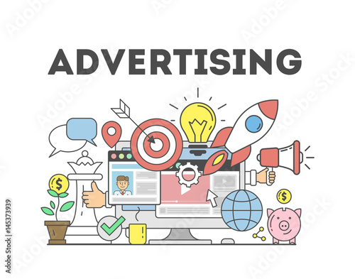 Advertising concept illustration. Signs and icons on white background.