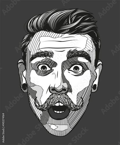 Hipster a man with a mustache looks surprised. Portrait of young