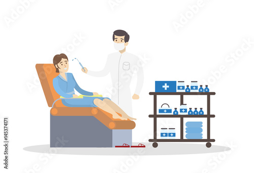 Woman at cosmetologist. Male beauty doctor with patient and injection on white background.
