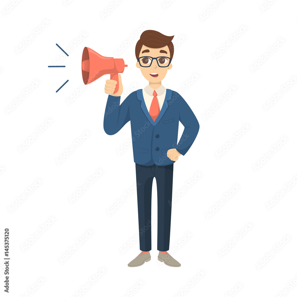 Businessman with loudspeaker on white background in suit. Businessman with loudspeaker on white background in suit.