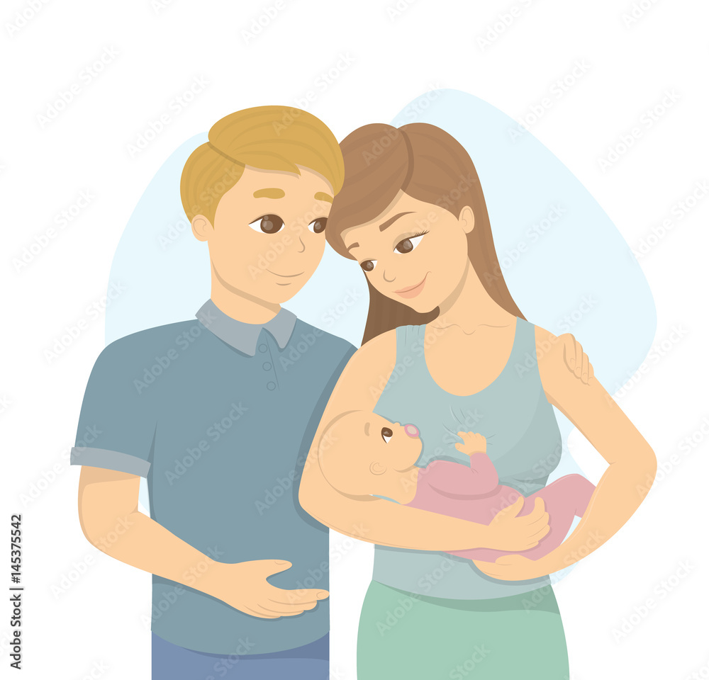 Young family with newborn baby on white background.