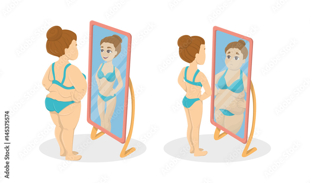 Fat and skinny women in the mirrors. Concept of anorexia and bulimia