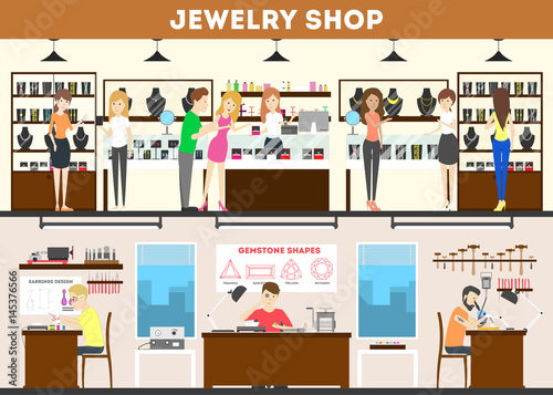 Jewelry store interior set. People buying necklaces and braceletes.