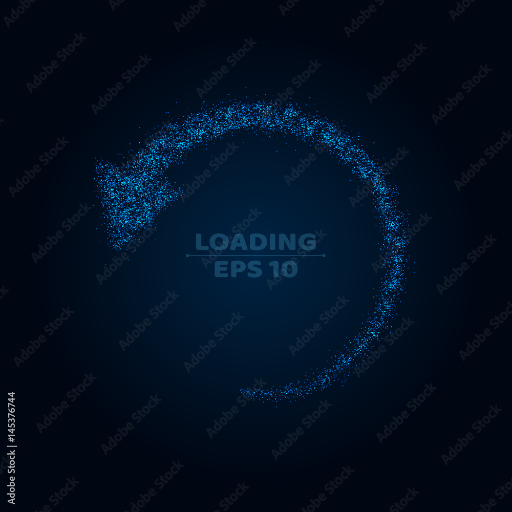 A wheel of loading from very small and transparent particles on a dark background. Shining fireflies. Update on the black plane. Modern vector illustration. Web A wheel of loading from very small and transparent particles on a dark background. Shining fireflies. Update on the black plane. Modern vector illustration. Web
