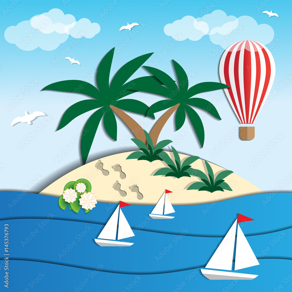 Tropical island on a blue background. Vector illustration.