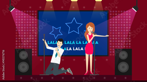 People sing in karaoke at the stage of a night club.