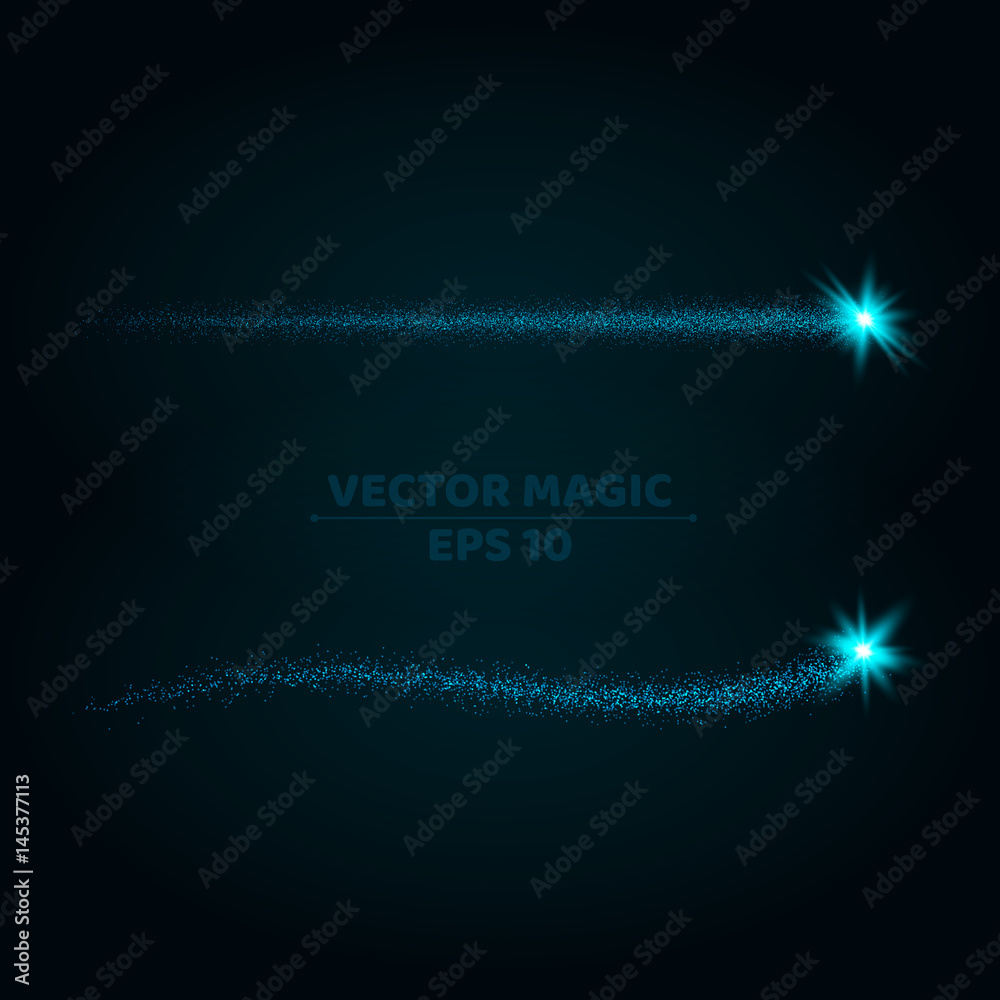 Magical blue stripes of bright and small particles on a dark background. Shining stars in motion. Pattern of highlights. A flying comet. Vector illustration. Bright flashes