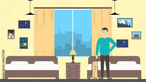 Man in motel room. Young man with luggage.