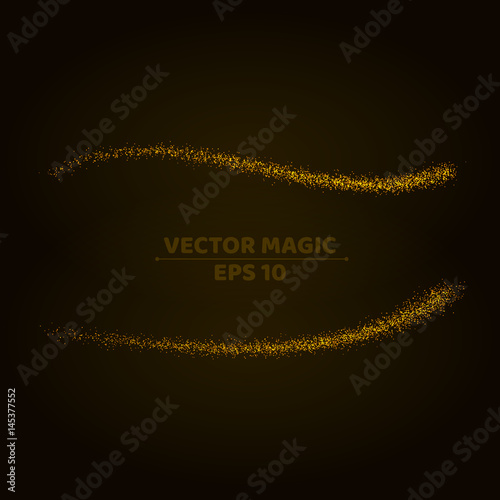 Magical golden stripes of bright and small particles on a dark background. Shining stars in motion. Pattern of highlights. A flying comet. Vector illustration