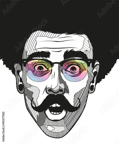 Hipster a man with a mustache looks surprised. Portrait of young