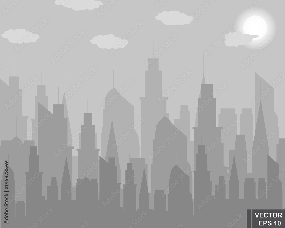Modern city. Silhouette. Gray. Clouds. Bad weather. For your design.