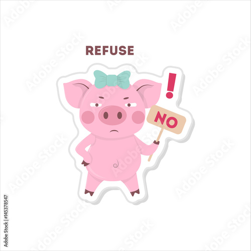 Pig says no. Isolated cute sticker on white background.