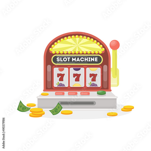 Isolated slot machine on white background. 777 with golden coins.