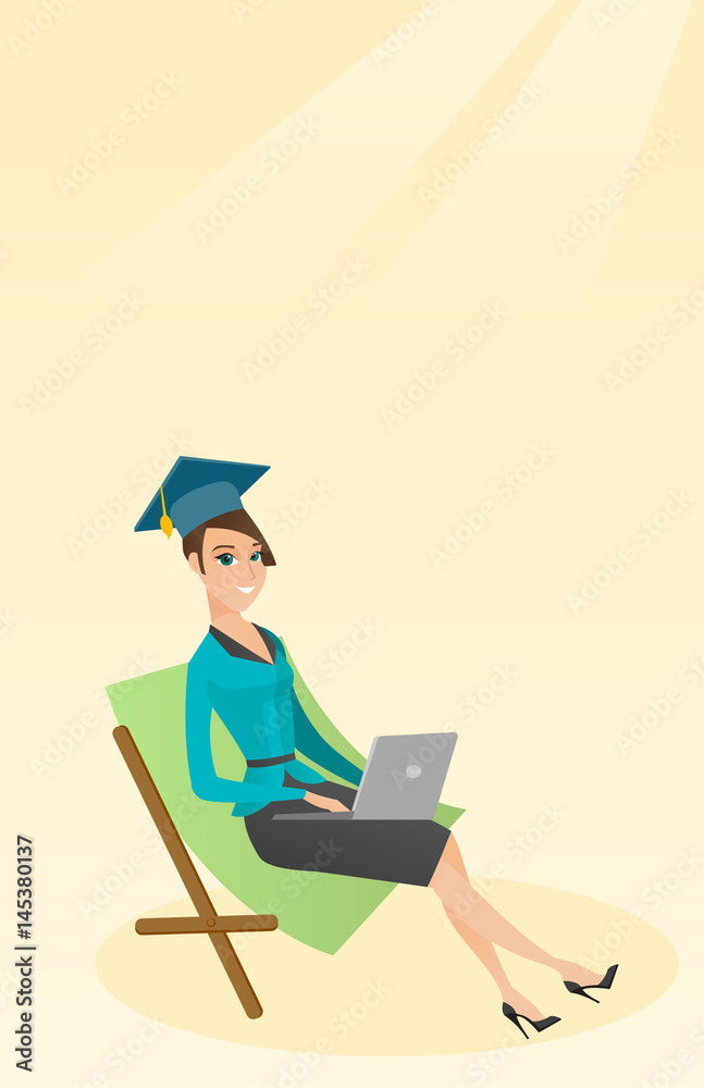 Graduate lying in chaise lounge with laptop. Graduate lying in chaise lounge with laptop.