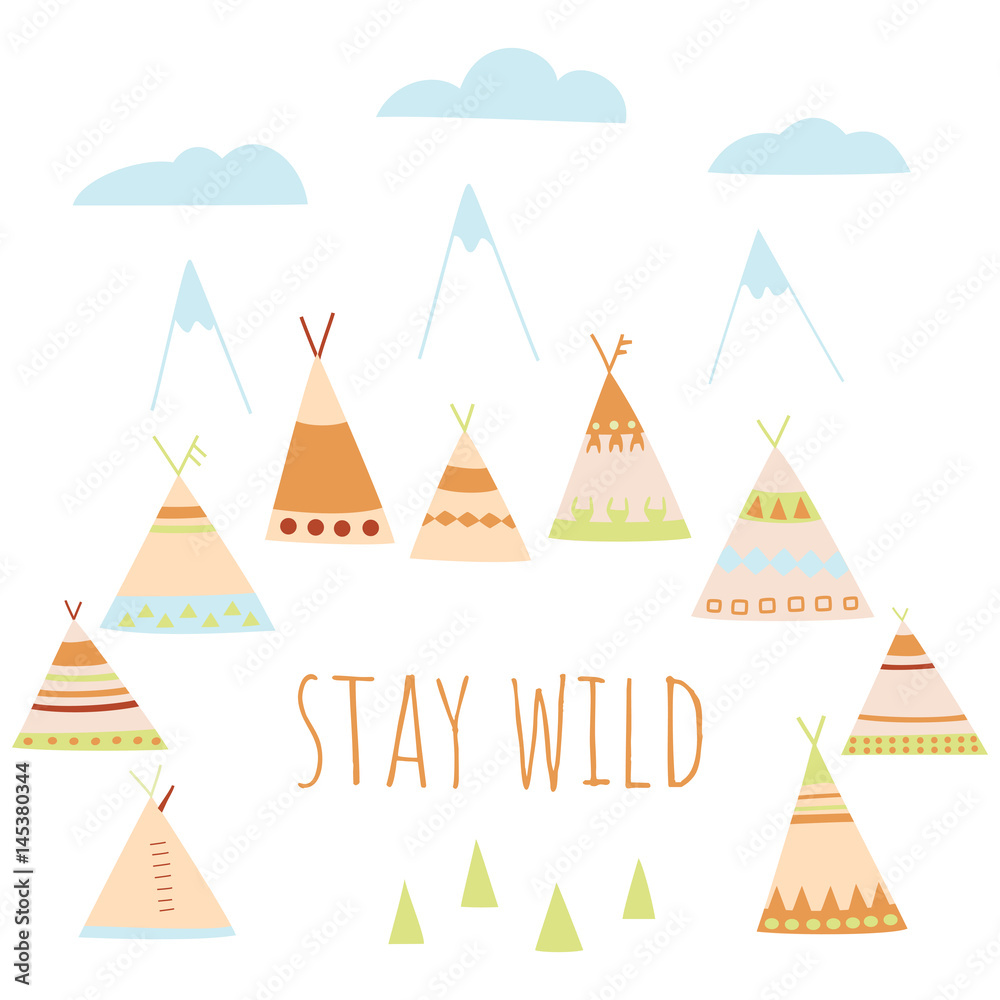 Summer Camp in the style of American Indians. Wigwams, trees, mountains and clouds Stay wild. Perfect for children's design Summer Camp in the style of American Indians. Wigwams, trees, mountains and clouds Stay wild. Perfect for children's design