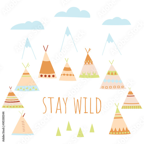 Wallpaper Mural Summer Camp in the style of American Indians. Wigwams, trees, mountains and clouds Stay wild. Perfect for children's design Torontodigital.ca