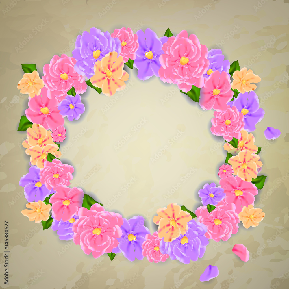 Fototapeta premium Card, banner with floral wreath and place for text. Vector illustration