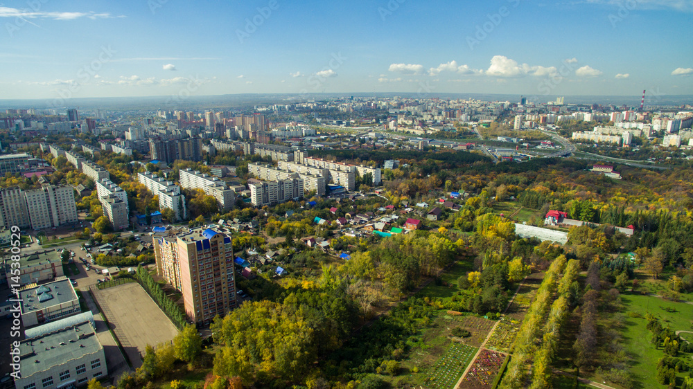 Fototapeta premium Ufa city at sunset in center. Aerial view
