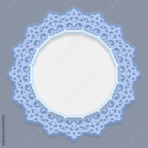 3D round frame for a photo or picture, vignette with ornaments, lace border, bas-relief ornament, openwork pattern, template greetings, vector