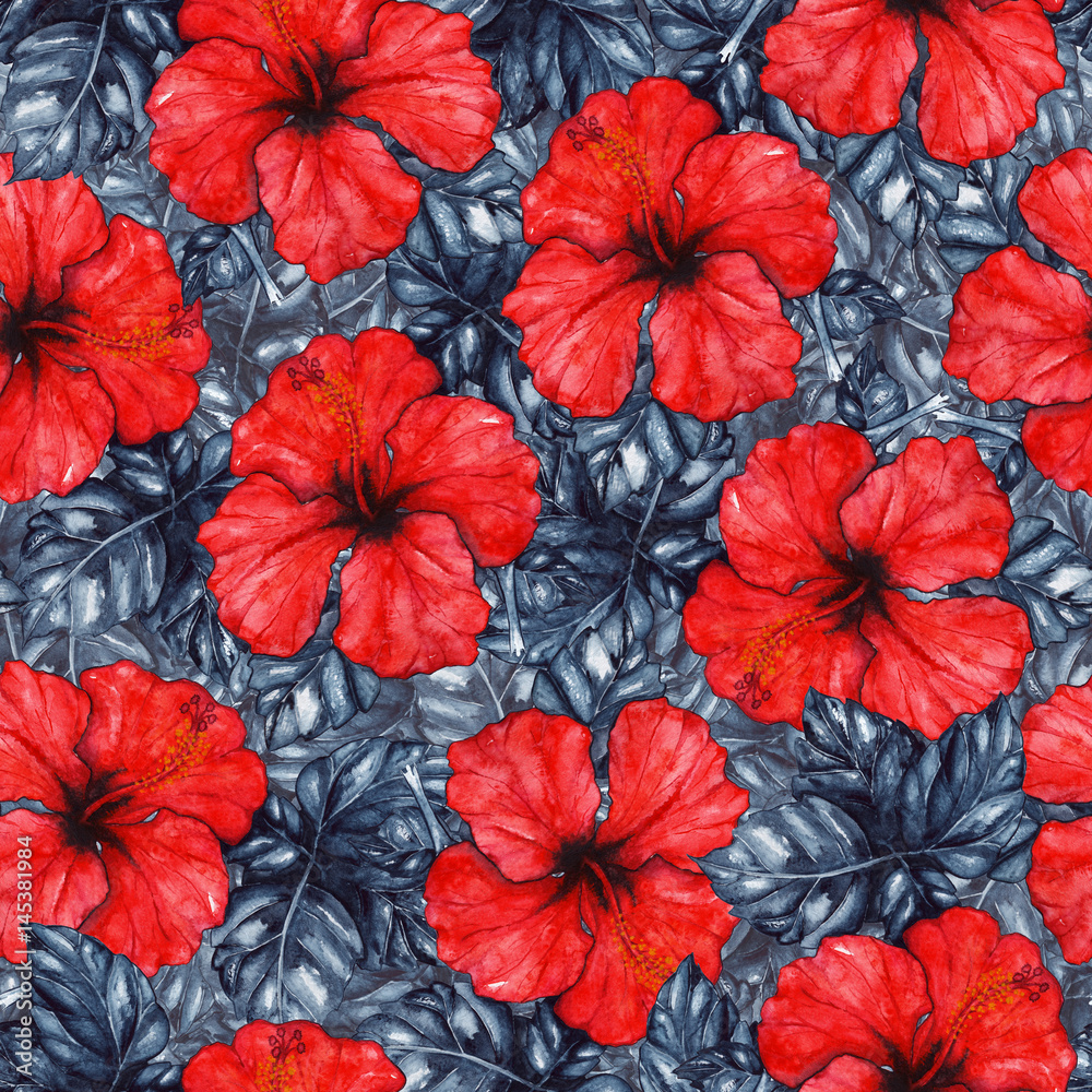 custom made wallpaper toronto digitalWatercolor red hibiscus karkade tropical exotic flower plant seamless pattern