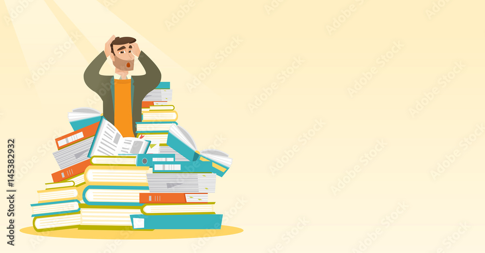Student sitting in huge pile of books. Student sitting in huge pile of books.