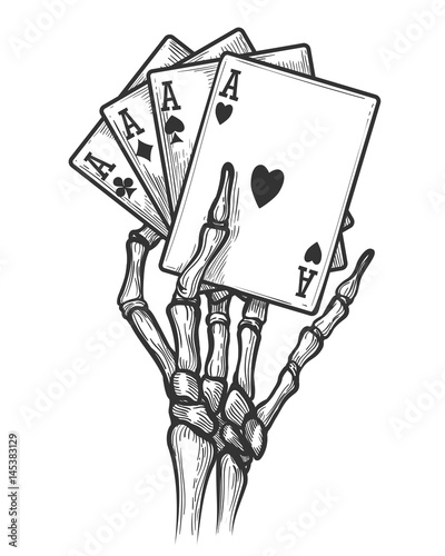 Black jack bones hand vector illustration. Engraving skeleton hand with four aces