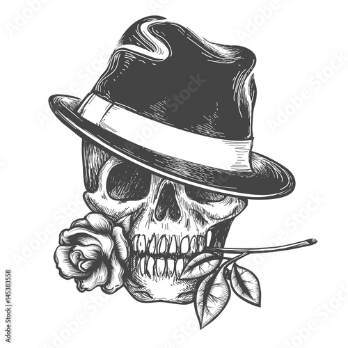 Skull in hat with rose flower in the mouth vector illustration. Vector hand drawn human skulls tatoo isolated on white background