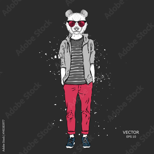 Fototapeta Naklejka Na Ścianę i Meble -  Hipster dressed panda up in jacket, pants and sweater. The old city of Prague. Vector illustration,