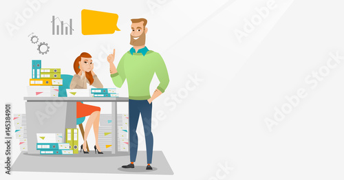 Stressed female office worker and her employer.