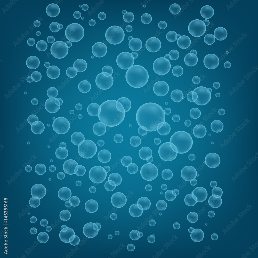 Blue realistic water or soap bubbles. Vector illustration