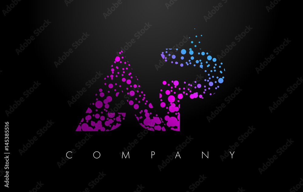 AP A P Letter Logo with Purple Particles and Bubble Dots