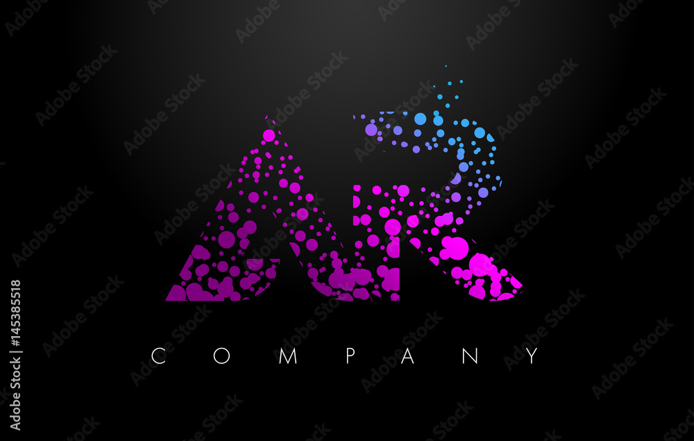 AR A R Letter Logo with Purple Particles and Bubble Dots